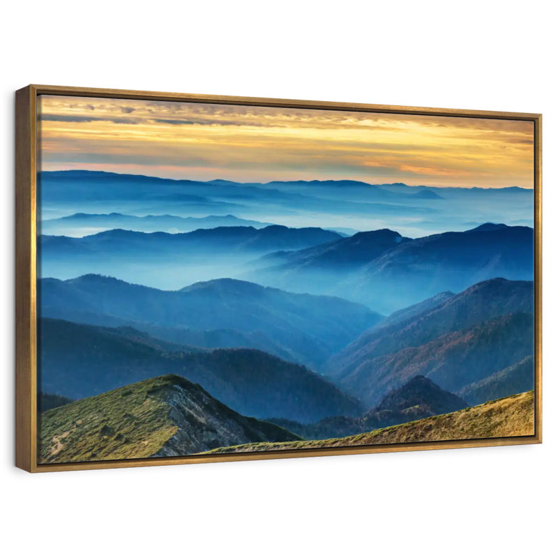 Paysage de montagne apaisant, Cadre flottant doré, 19 po x 13 po