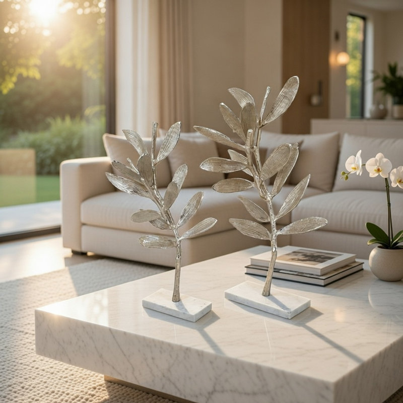 Décoration décorative, ensemble de 2 statues à feuilles d'argent, base en marbre blanc, 28, 22