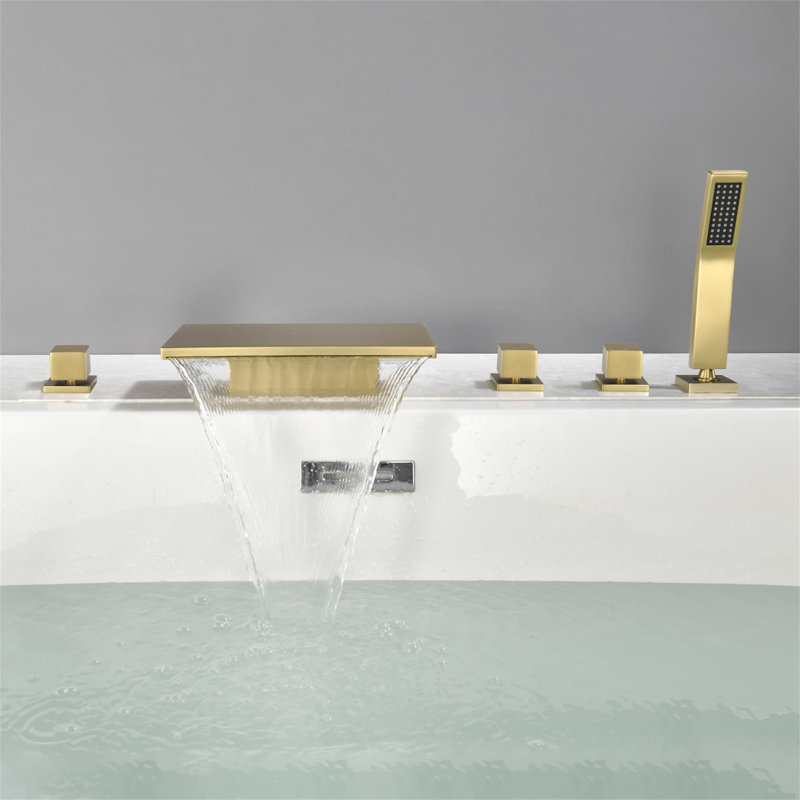 5 Hole Deck Mount Tub Faucet With Handheld Shower 3 Handle Waterfall Bathtub Faucets Modern Brass Tub Fillers With Valve