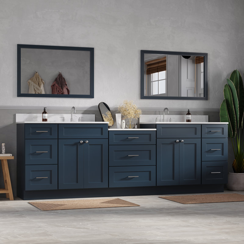Plateau de meuble-lavabo double en bois massif avec tiroir à queue d'aronde et comptoir Carrara, Bleu, 103"