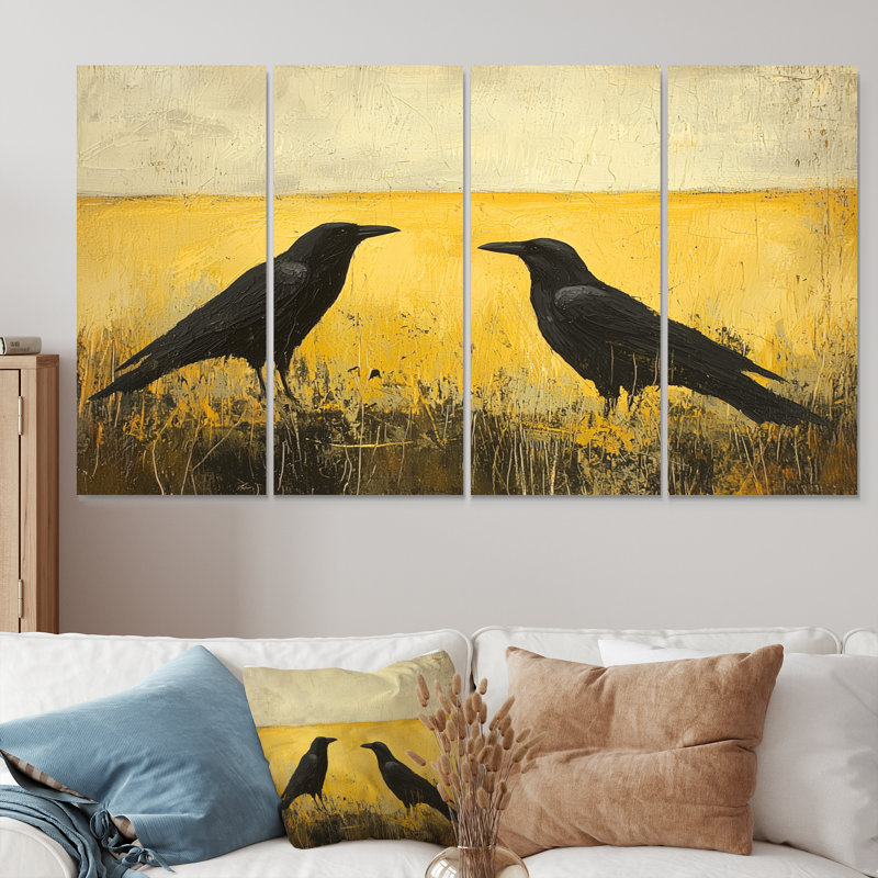 2 corbeaux au bord du champ II - art mural oiseau - décoration murale moderne, H 28 po x l 48 po