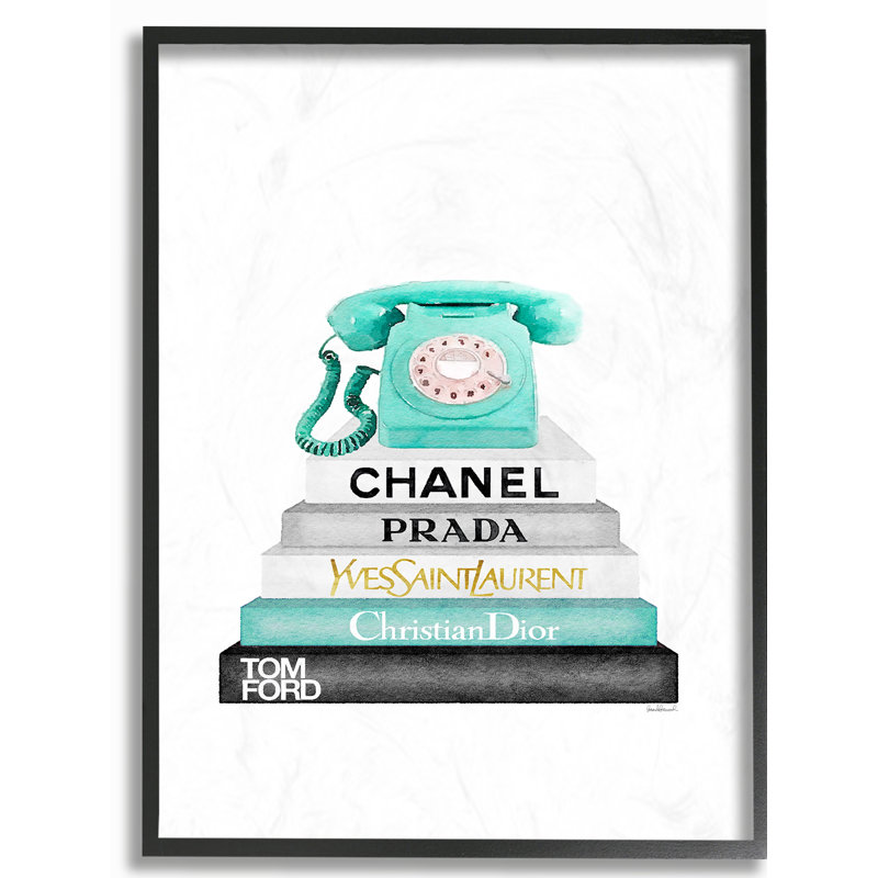 Imprimé Charlsth «Bookstack with Téléphone» en bleu sarcelle, Giclée encadrée noir minuit, H 14 po x l 11 po x P 1,5 po