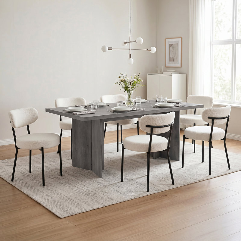 Table de salle à manger rectangulaire en bois Alyria de 70 po avec 6 chaises de salle à manger en cuir bouclé Sherpa, Grey