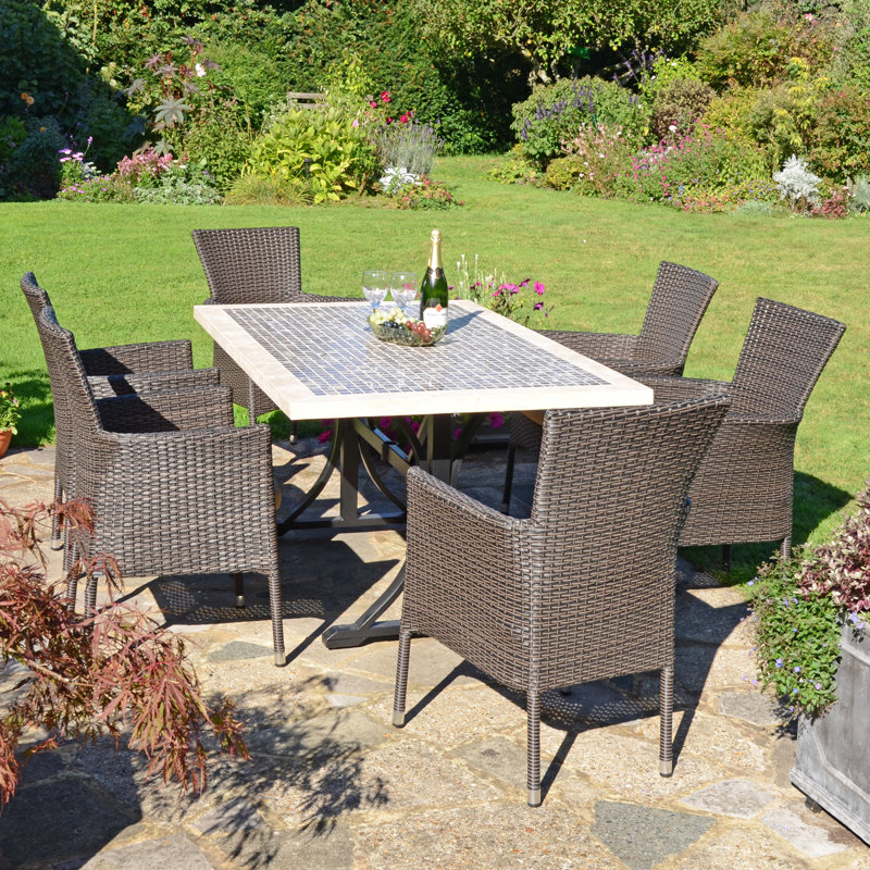 WILMINGTON Stone Dining Table with 6 STOCKHOLM Chairs Garden Set, Brown