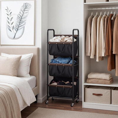 Chariot à linge roulant à 3 niveaux, noir, panier à linge vertical robuste à 3 compartiments avec roulettes, organisateur de rangement pour chambre, salle de bain ou appartement