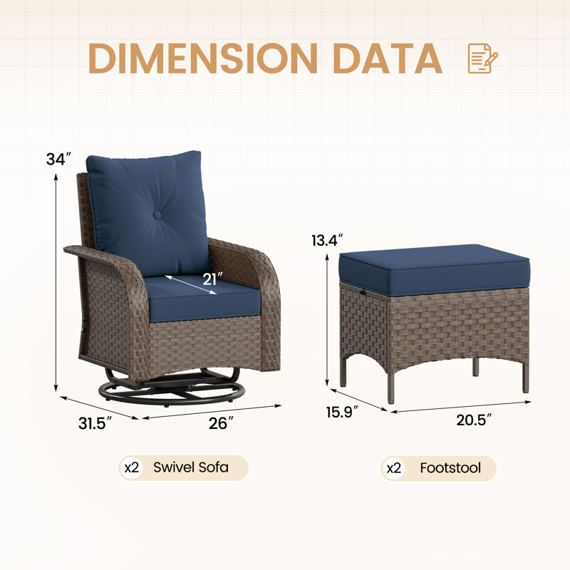 Ensemble de conversation de patio 4 pièces avec chaises berçantes pivotantes, ensemble de meubles d'extérieur en osier et en acier toutes saisons, repose-pieds pour la cour, le porche, le jardin
