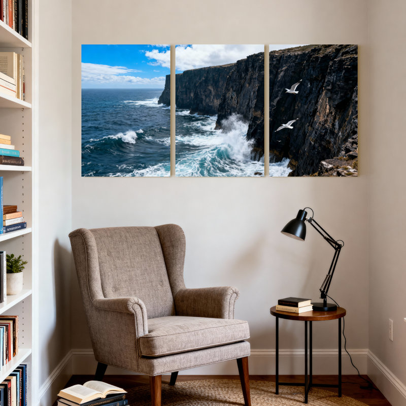 Paysage et paysages urbains, vagues océaniques, falaises, oiseaux, ciel, réflexion, paysage naturel, ensemble de 3 impressions sur toile