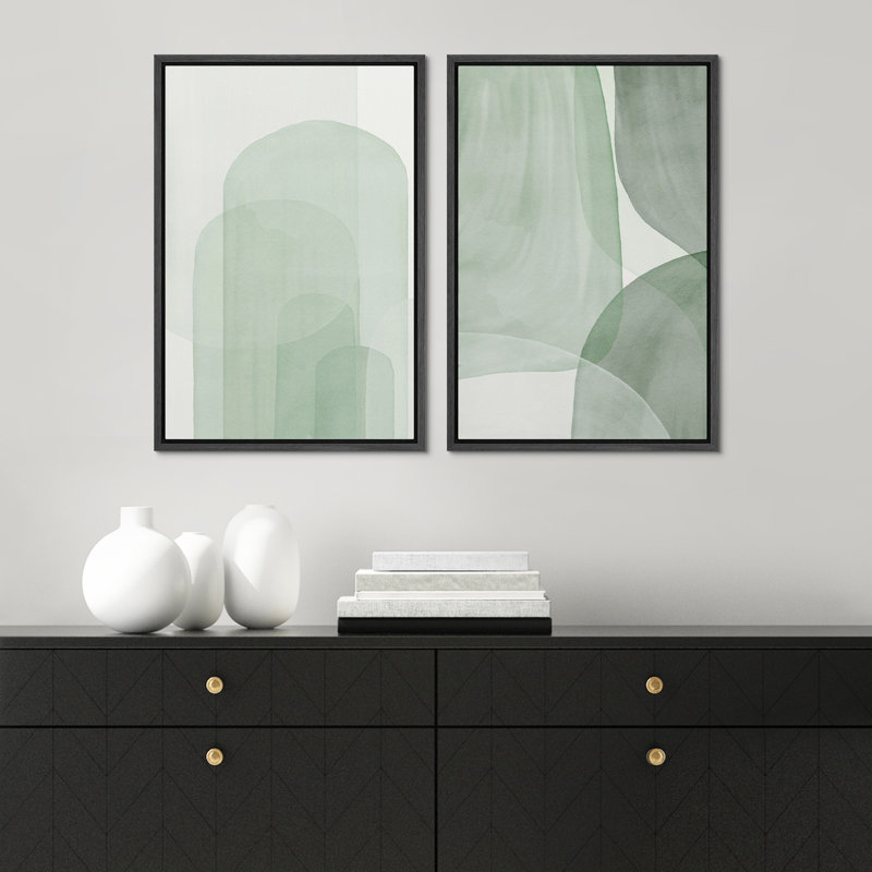 «Pastel Watercolor Green Abstract Minimalist Decor», ensemble de 2 reproductions d'art sur toile encadrées, Noir