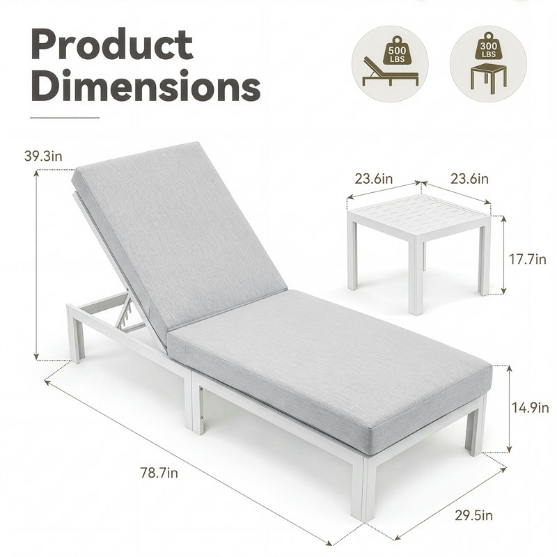 Outdoor Aluminum Chaise Lounge Chair with Side Table, 4" Cushion & 6-Position Adjustable Backrest, Rust-Resistant Poolside Recliner