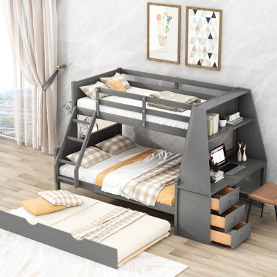 Bunk Bed With Twin Over Full, Trundle, 3 Drawers, Desk - Gray & Shelf