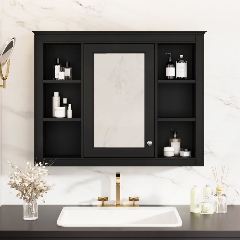 Armoire à pharmacie, armoire de rangement murale pour salle de bain, armoire murale moderne avec miroir, armoire à miroir avec 6 tablettes ouvertes (meuble-lavabo non inclus)