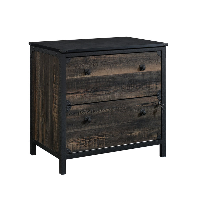 Industrial Lateral File With A Lockable Drawer, Brown Finish