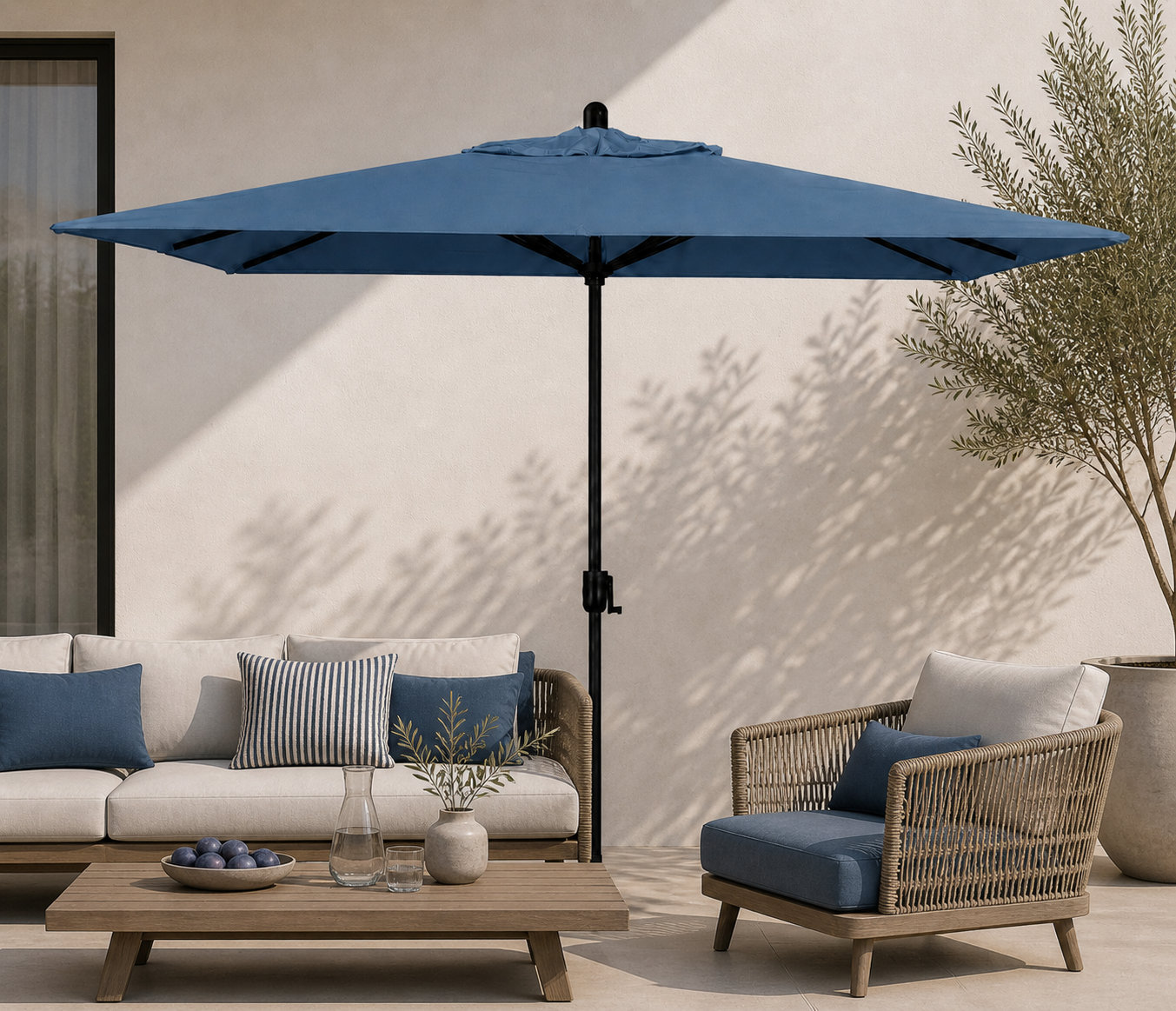 Olivier 116.7'' Outdoor Umbrella, Black Sapphire, Canvas Sapphire Blue Sunbrella