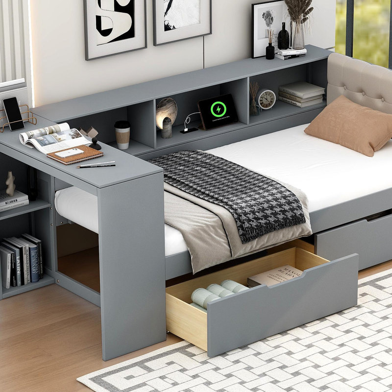 Wood Twin Size Platform Bed With Storage Shelves, Drawers, Charging Station And Upholstered Headboard, Gray, Gray