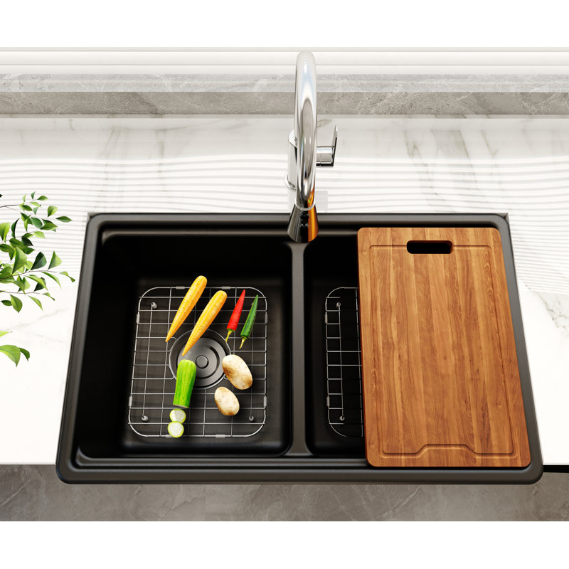 MEJE #KS 33"x20" Ceramic Black Step Rim Workstation Farmhouse Kitchen Sink, 50/50 Double Bowl Apron-Front Kitchen Sinks with Cutting Board,Grid & Strainer - Matt Black