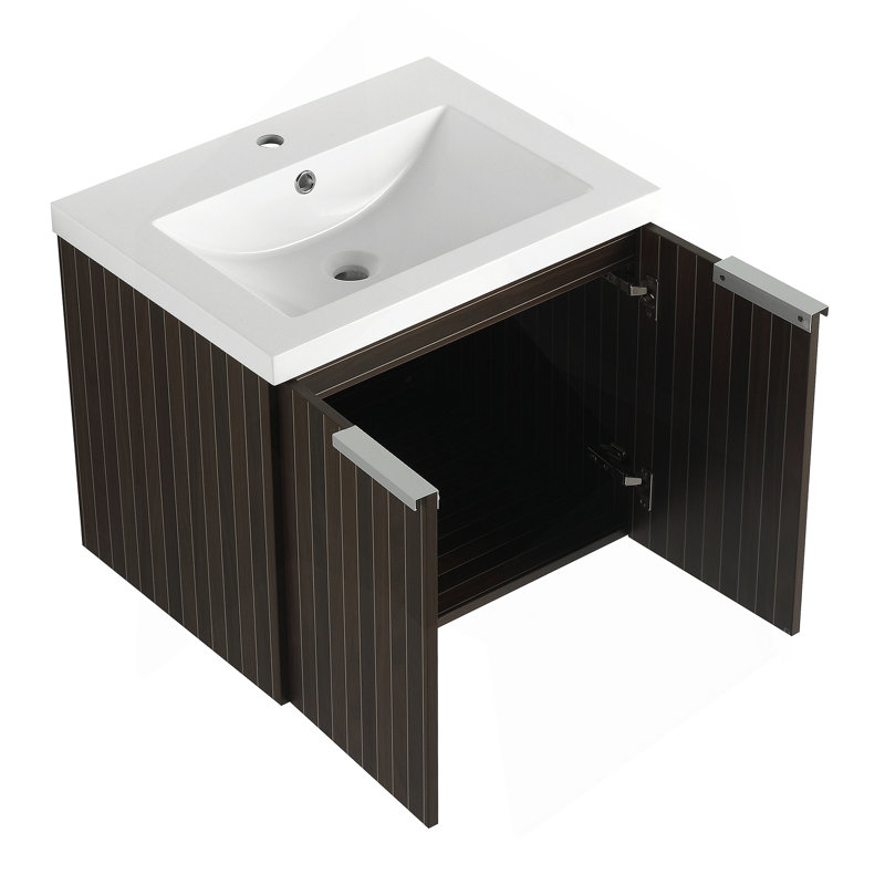 Meuble-lavabo de salle de bain avec lavabo en résine, portes à fermeture douce, conception à fixation flottante, Noir, 23.6"