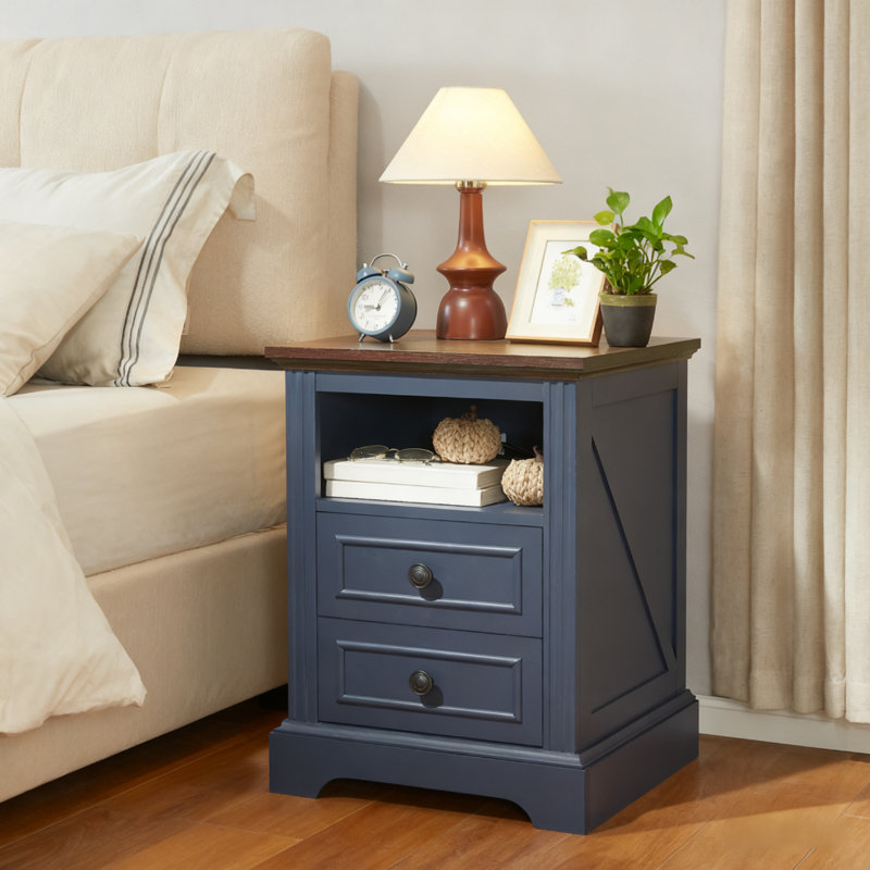 Table de chevet 2 tiroirs avec station de charge, table de chevet avec tablette ouverte, bleu marine, Bleu/brun
