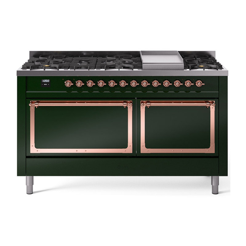 ILVE Nostalgie II Noblesse 60 in Dual Fuel Range, 9 Burner, Griddle, Liquid Propane, Emerald Green/Copper