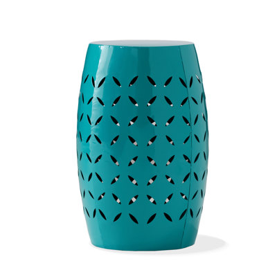 LILAC Teal Iron Barrel Side Table - Industrial Outdoor Accent Stool with Laser-Cut Floral Design