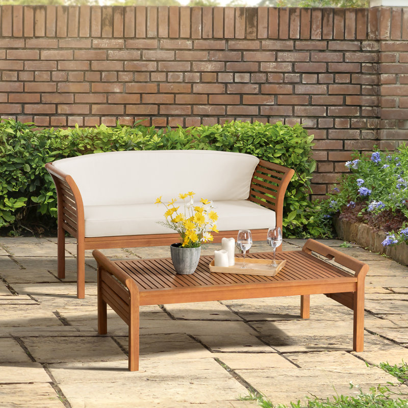 Banc d'extérieur en bois d'eucalyptus avec table basse Stamford, ensemble de 2, 3 pièces: table, banc