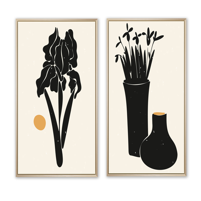 Ensemble d'illustrations florales modernes monochromes I - 2 pièces, H 40 po x l 40 po x P 1,5 po, Toile avec cadre brun