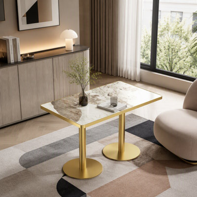 47.24" Rectangular Tulip Dining Table, Faux Marble Sintered Stone Top with Stainless Steel Double Pedestal Base, Modern Kitchen Table for 4-6 People