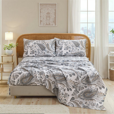 100% Cotton Sheet Set King Size – 4-Piece Chic Garden Floral White Bedding Set, Soft Breathable Percale Weave, Deep Pocket Fitted Sheet 17.5", Crisp Cool Feel, Refined Botanical Elegance