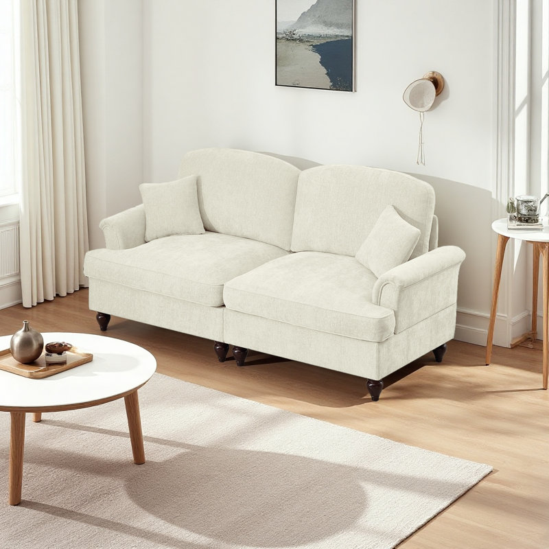 Élégant canapé deux places surdimensionné avec accoudoirs évasés et volants amovibles, Beige
