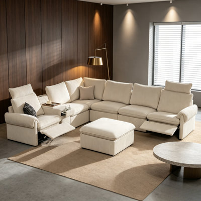 Canapé modulaire inclinable en forme de L à 4 sièges avec coin et console, canapé en velours côtelé avec inclinaison électrique, charge USB et porte-gobelets, blanc