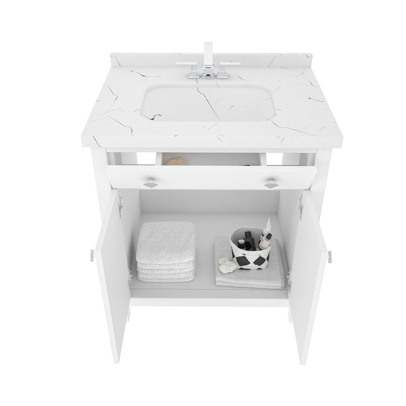 Ensemble de meuble-lavabo simple 31 po avec plateau en marbre d'ingénierie Elfand, Blanc