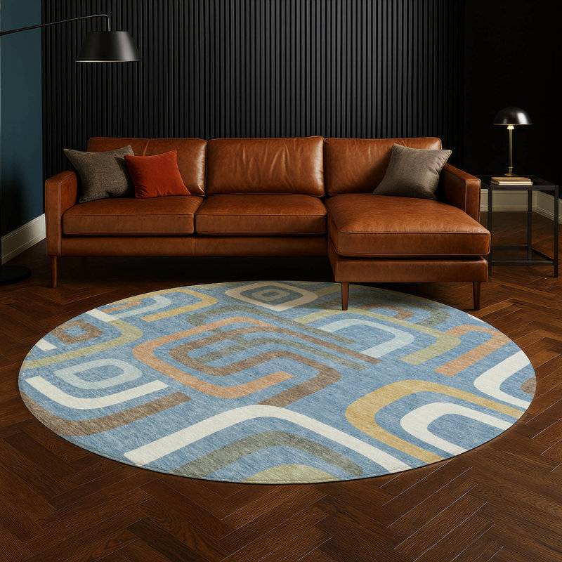 Machine Washable Indoor/Outdoor Chantille ACN2551 Mid-Century Modern Rug, Blue, Round 8'