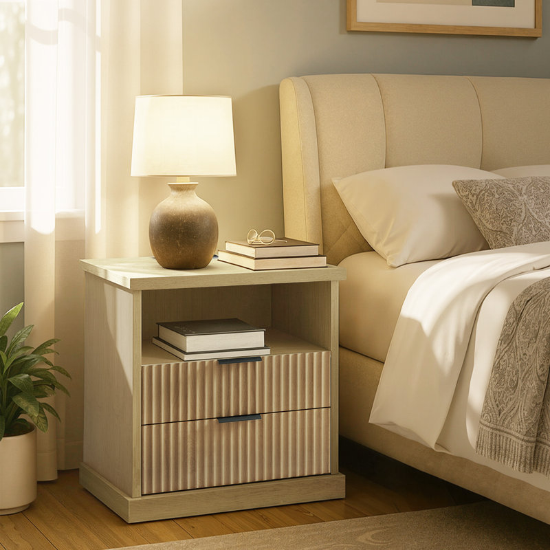 Table de chevet avec station de charge 23,6 po Maxe, table de chevet avec 2 tiroirs, tablette ouverte, transitionnel, Beige