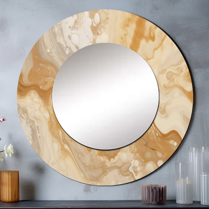 Cream Marbled Melody IV - Abstract Decorative Mirror, Beige Round Wall Mirror, Printed Metal Art, 36" x 36"