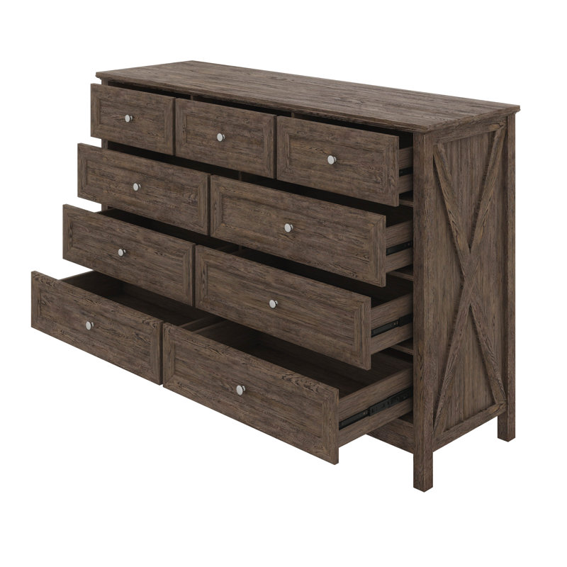 Commode de rangement rustique en bois avec 9 tiroirs et poignées argentées, Brun