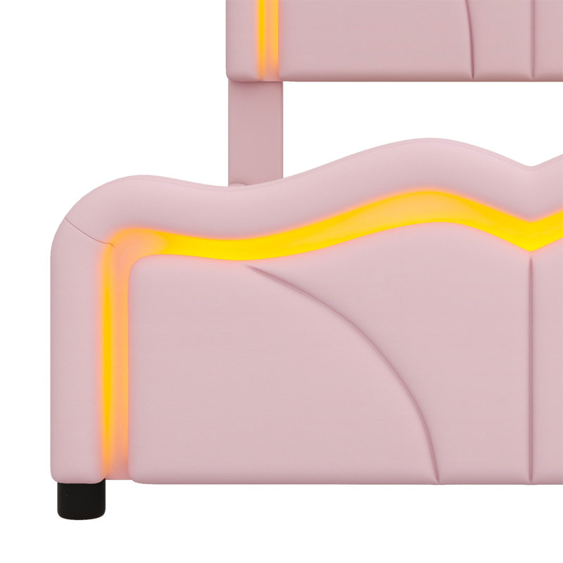 Lit plateforme tapissier avec tête de lit courbée et bandes lumineuses à DEL, Simple, Rose
