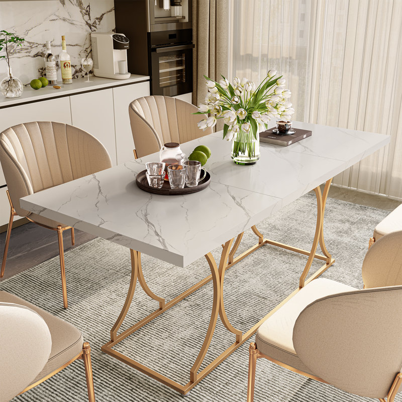71 Inch Rectangular Dining , Modern White Kitchen Table Dining Room Table, Rectangle White Dinner Table With Gold Metel Frame.