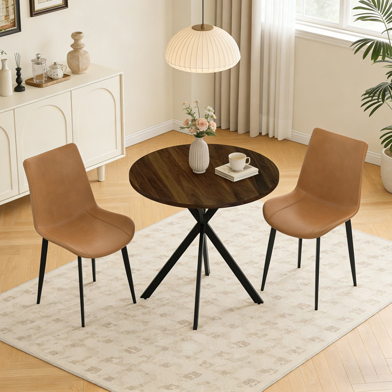 Table de salle à manger de 31,6 pouces et chaises pour 2, ensemble de table ronde moderne Mid-Century, table de salle à manger en noyer et 2 chaises brunes