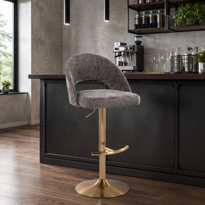 Adjustable Barstool With Swivel In Gold Metal And Dark Grey Fabric With Round T Footrest - Set Of 2