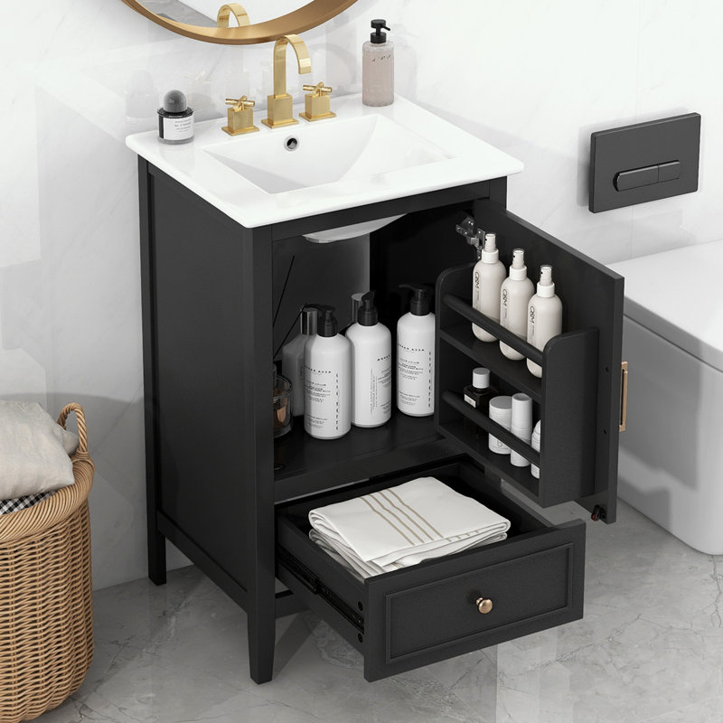 Meuble-lavabo de salle de bain avec lavabo, deux portes et tablette de rangement, Noir, noir, noir, noir