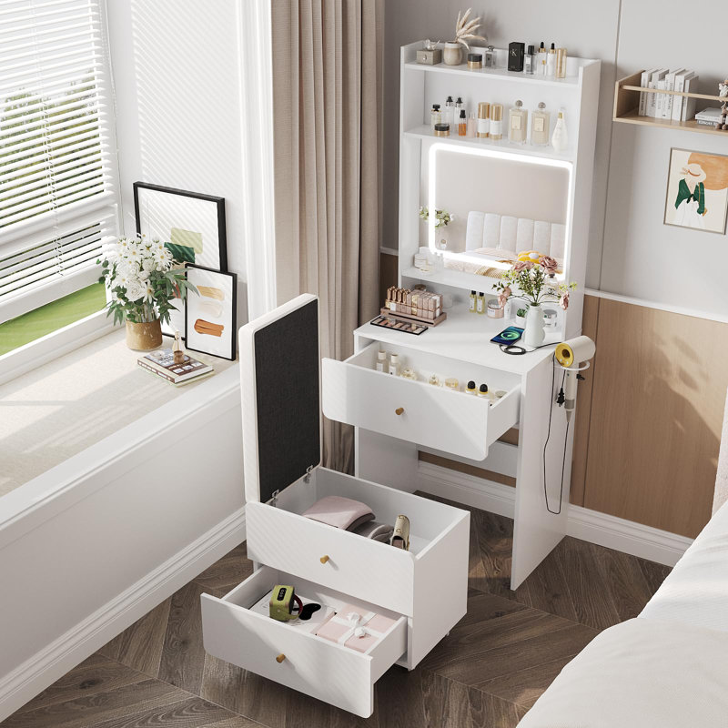 Small Vanity Desk Set With 3 Adjustable Lighted Mirror, White