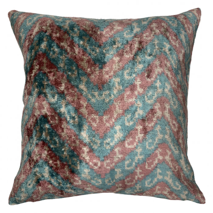 Velvet Silk Throw Pillow, Light Blue/Orange Ikat