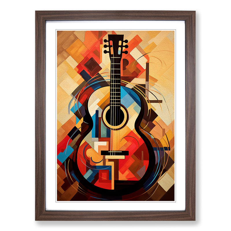XYZ-FRM-V1223-1745 Acoustic Guitar Abstract - Single Picture Frame Print on Wood, 34cm H x 25cm W x 2cm D, Walnut 