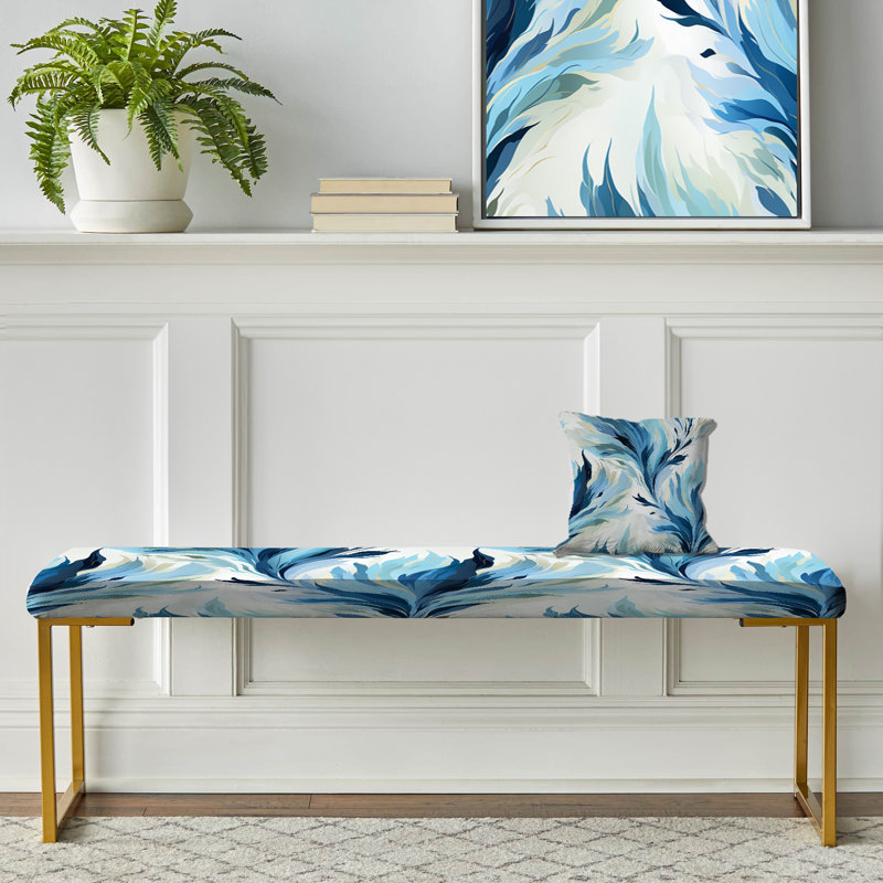 Abstract Upholstered Gold Bench, Blue And White Coastal Ikat Breeze
