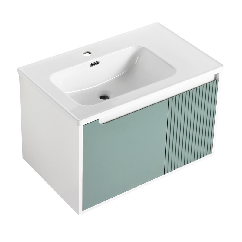 Mint Green Plywood Floating Single Sink Vanity with White Ceramic Top