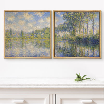 Impressionniste impression de forêt au bord du lac, ensemble de 2 œuvres d'art sur toile encadrées