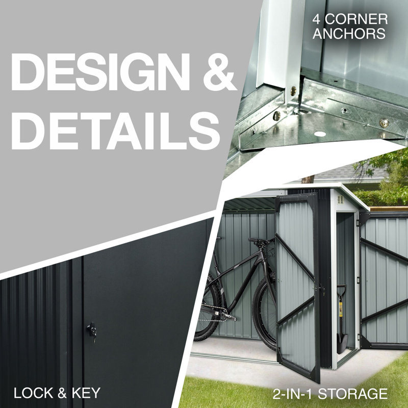 Dark Gray Galvanized Steel 6' x 8' Outdoor Storage Shed