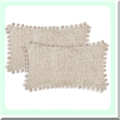 Cozy Pom Pom Throw Pillow Covers - Set of 2 Soft Cushion Cases for Couch Sofa Home Decor - Taupe