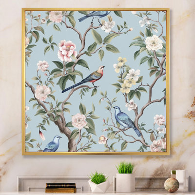 Amritha chinoiserie avec oiseaux et pivoines, art mural pour salon, oiseaux