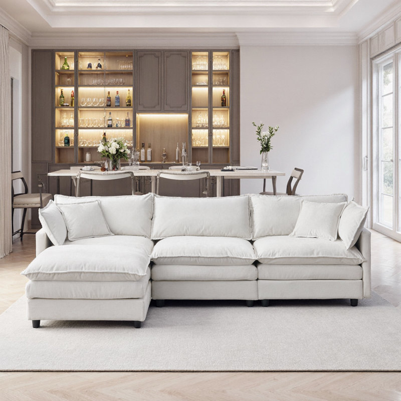 Canapé modulaire en L de 105 po avec repose-pieds en tissu chenille de 105 po beige, Chenille beige
