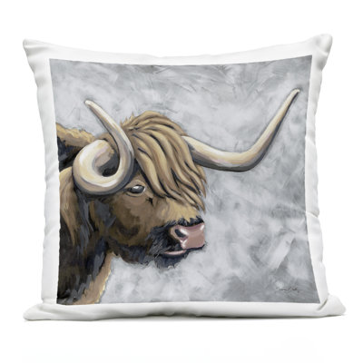Highland Cattle with Curved Horn Outdoor Printed Pillow design by Sara Baker